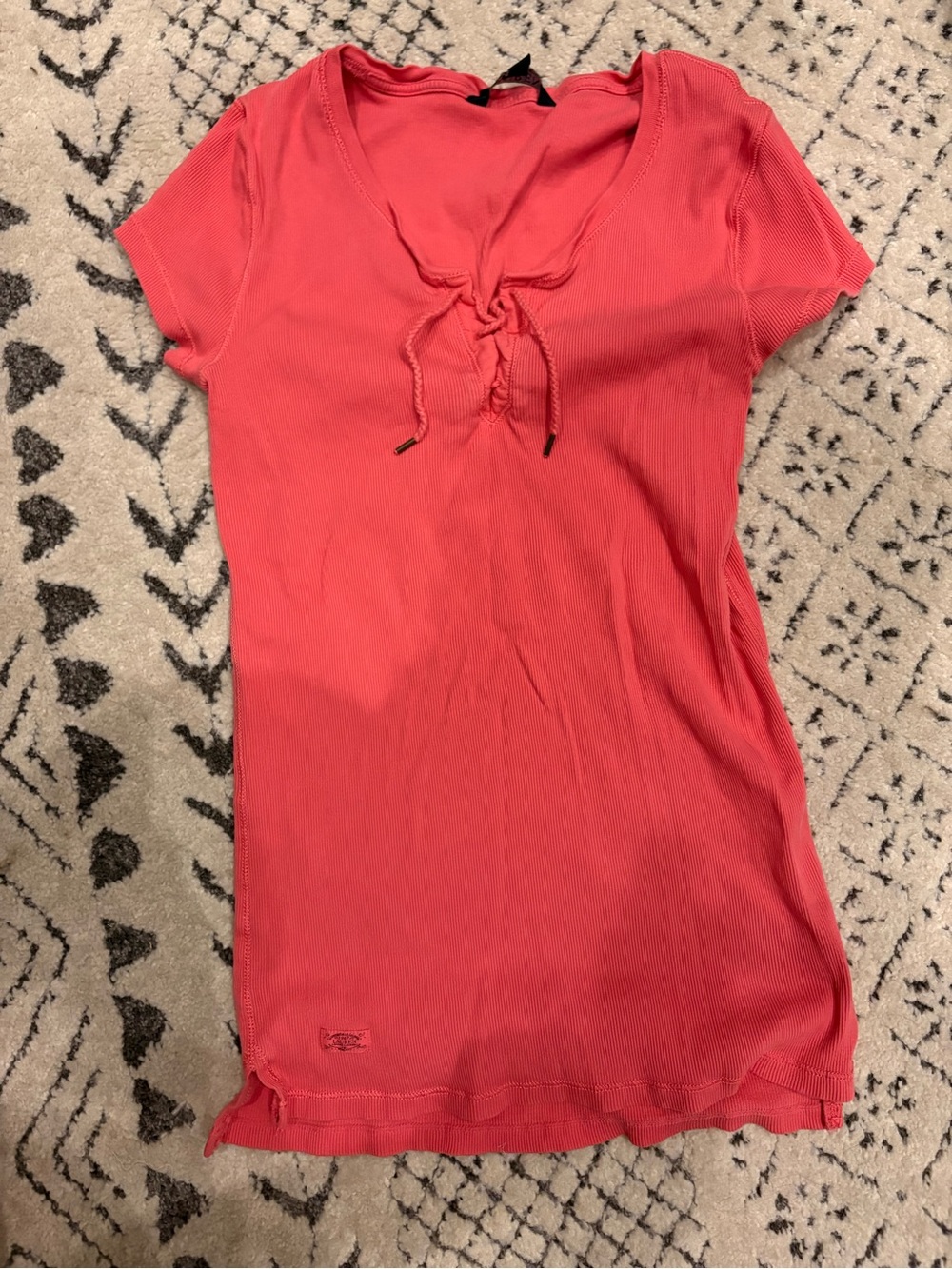 Lauren Ralph Lauren Coral Ribbed Lace-Up Short Sleeve Tee